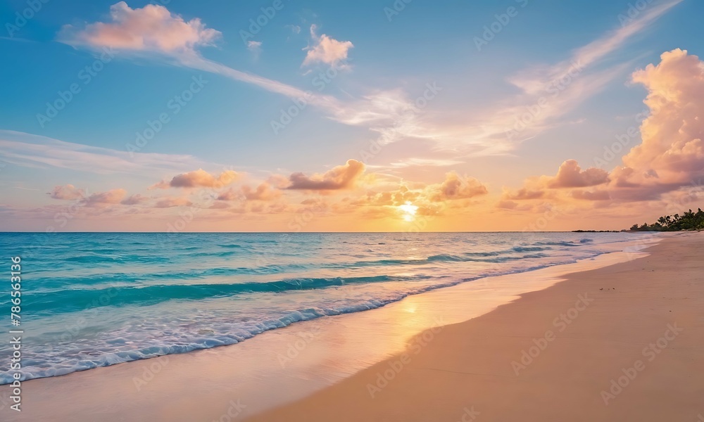Panoramic golden sunset over beach with beautiful sky, tranquil relaxing atmosphere, summer mood, calmness holiday vacation theme.