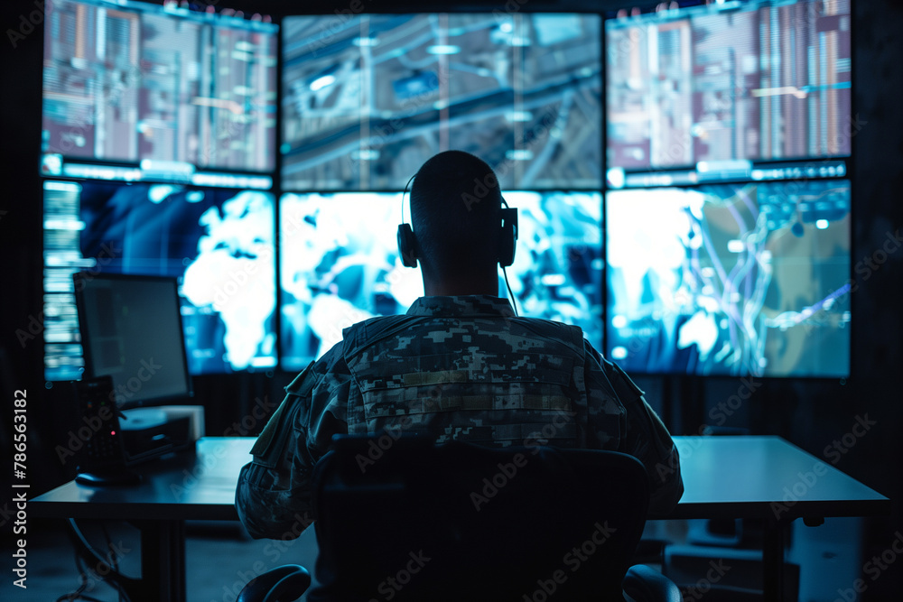 A focused military surveillance officer monitoring screens of data in a ...