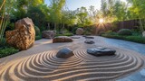 A serene and tranquil Zen garden with raked sand and carefully placed rocks. AI generate illustration