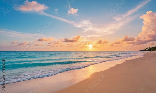 Panoramic golden sunset over beach with beautiful sky  tranquil relaxing atmosphere  summer mood  calmness holiday vacation theme.