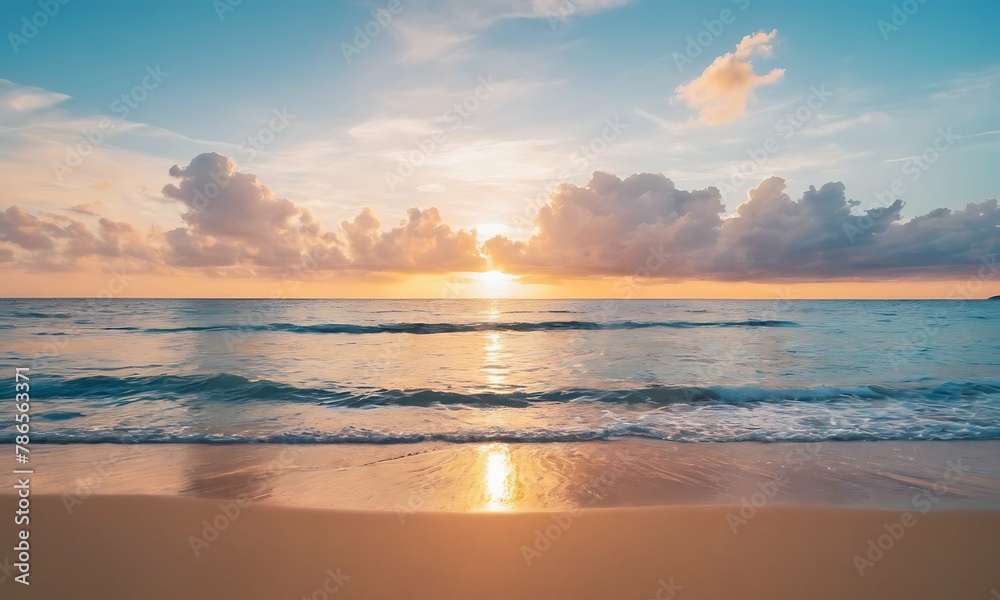 Fototapeta premium Panoramic golden sunrise over beach with beautiful sky, tranquil relaxing atmosphere, summer mood, calmness holiday vacation theme.