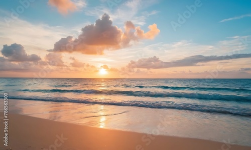 Panoramic golden sunrise over beach with beautiful sky, tranquil relaxing atmosphere, summer mood, calmness holiday vacation theme.