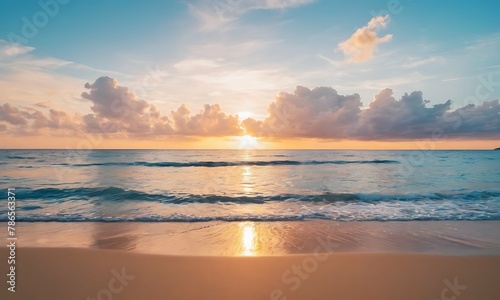 Panoramic golden sunrise over beach with beautiful sky, tranquil relaxing atmosphere, summer mood, calmness holiday vacation theme.