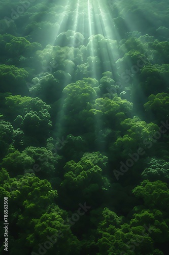 An overhead view of a dense forest with rays of sunlight streaming. AI generate illustration
