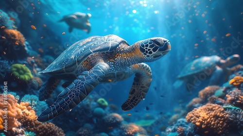 An underwater scene with graceful sea turtles swimming among coral reefs. AI generate illustration © PandaStockArt