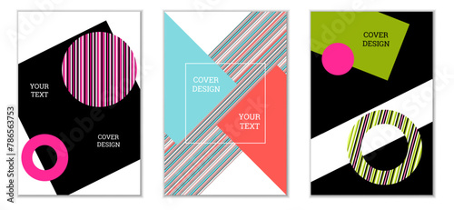Geometric cover design, set of 3 covers. Abstract unusual background in Memphis style. Bright geometric shapes in random order