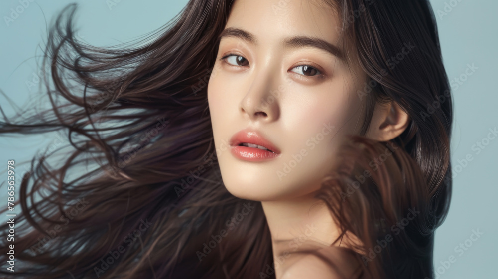 Fototapeta premium Beauty portrait of a Korean girl showing off her beautiful, long and shiny hair