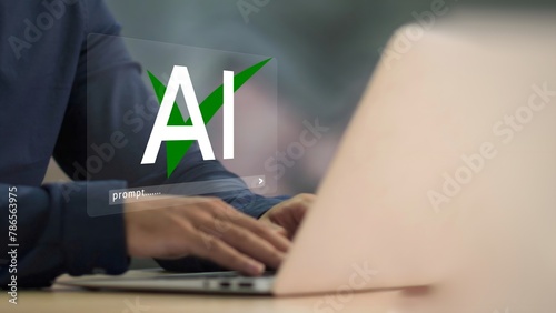 Businessman using laptop with approved AI symbol on virtual screen for Saporting check mark AI.
