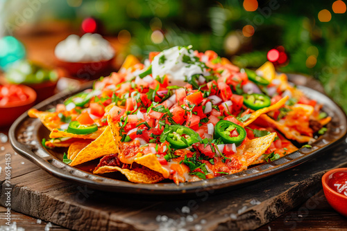 Rustic tray of nachos, using the concept of family-style Mexican cuisine. Ideal for foodie blogs and menus photo