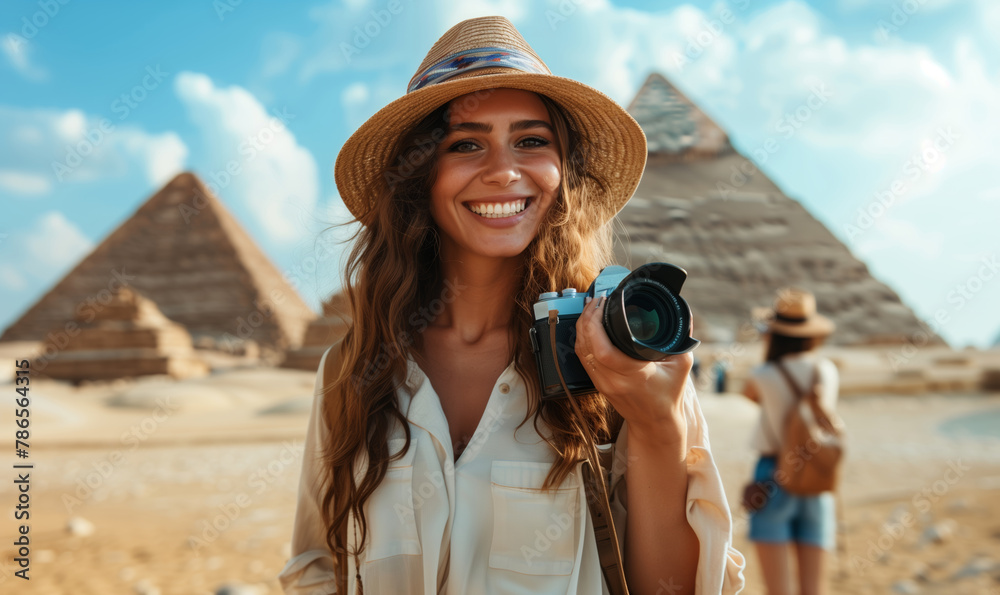 Positive female tourist holding a camera on the background of the pyramids in Egypt - obrazy, fototapety, plakaty 