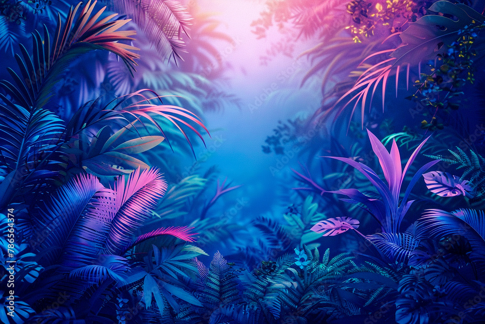 Jungle scene with a hidden camera capturing vivid wildlife, colorful and lively background