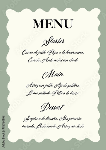 Plantilla editable de invitación de menú. Invitación de fiesta de cena. Plantilla de menú con marco ondulado. Invitación en tendencia.