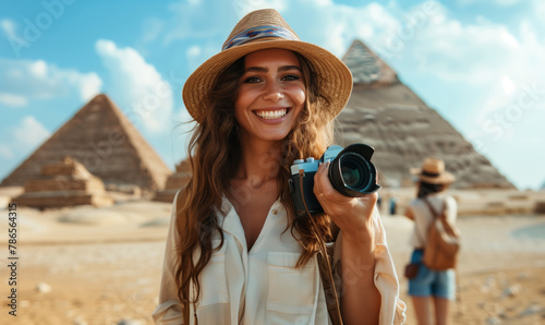 Positive female tourist holding a camera on the background of the pyramids in Egypt