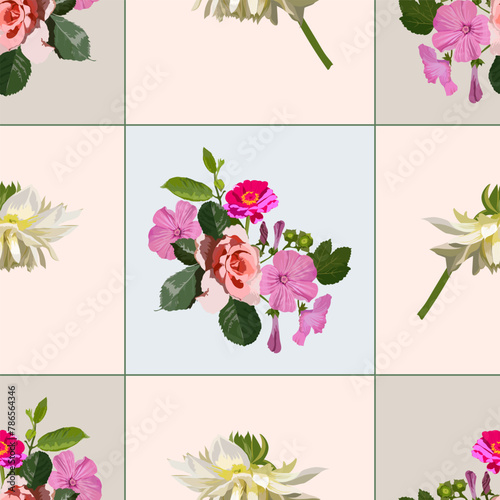 Vector floral pattern, seamless for kitchen tablecloth design, flowers pink rose, pitunia, dahlia, tagethis on a checkered background in pastel colors