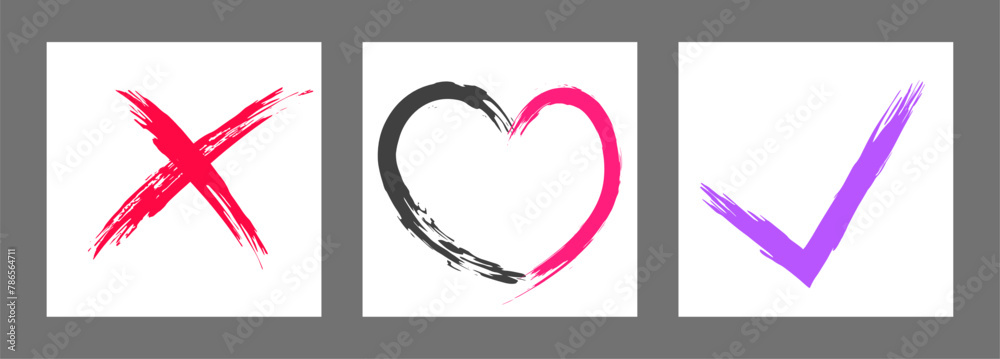 The cross, heart and OK symbol are hand-drawn with a brush. Prohibition, denial, error. Love. Approval, consent. Vector, set of 3 characters The cross, heart and OK symbol are hand-drawn with a brush. Prohibition, denial, error. Love. Approval, consent. Vector, set of 3 characters