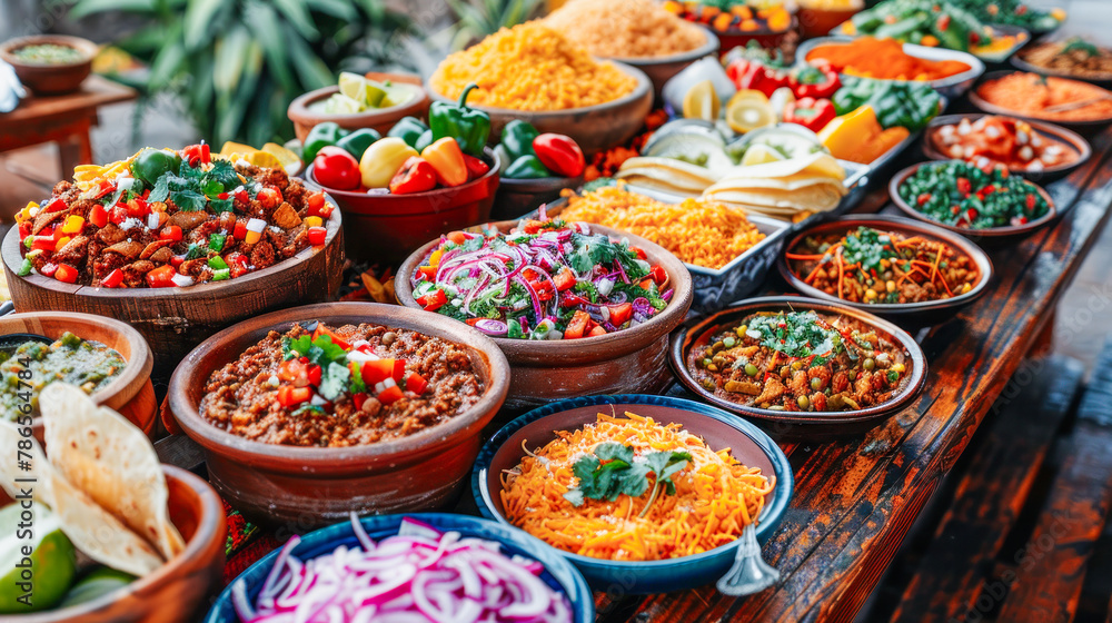 Fototapeta premium Tacos and enchiladas spread, a colorful display of traditional food trends.