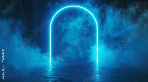 Neon light blue arch. A door with a glow of smoke in space. Portal frame with laser effect on a black background. Led beam in the shape of a gate.
