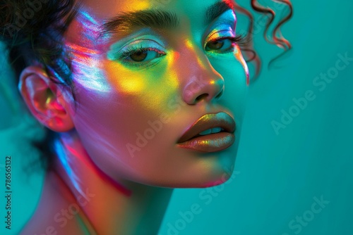 Ethereal Beauty: Woman in Holographic Makeup Radiates a Futuristic Glow