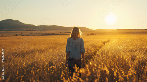 A woman is walking through a field of tall grass. The sun is setting  casting a warm glow over the scene. The woman is alone  and the field is empty  giving the impression of solitude and peacefulness