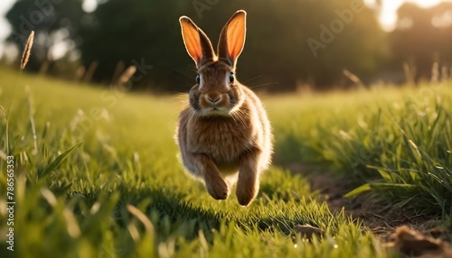 A brown rabbit hopping towards the camera in a field with green grass during golden hour sunlight photo