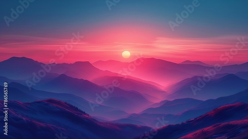 A calming sunset over a serene mountain landscape. AI generate illustration © PandaStockArt