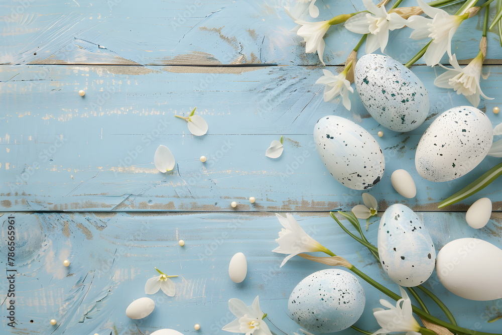 Top view of a blue background with Easter eggs and cherry blossom branches. Happy Easter concept. Spring greeting card with place for text, Easter template. Top view of a blue background with Easter eggs and cherry blossom branches. Happy Easter concept. Spring greeting card with place for text, Easter template.