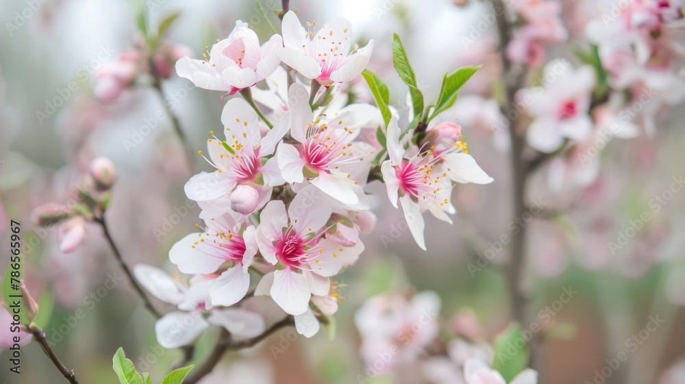 Planting almond trees with white and pink blossoms in an orchard Planting almond trees with white and pink blossoms in an orchard