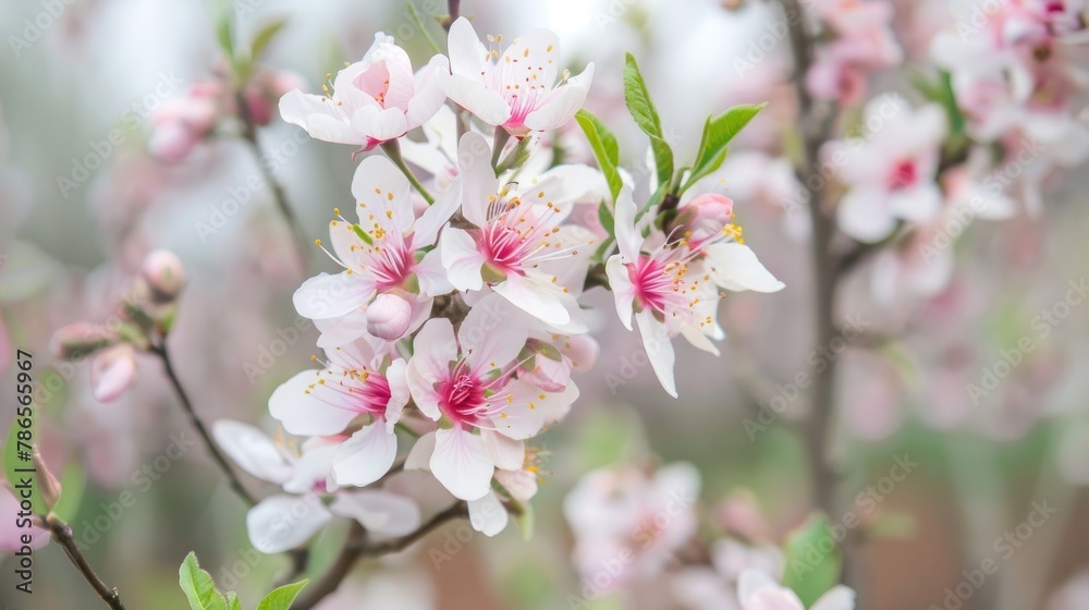 Planting almond trees with white and pink blossoms in an orchard