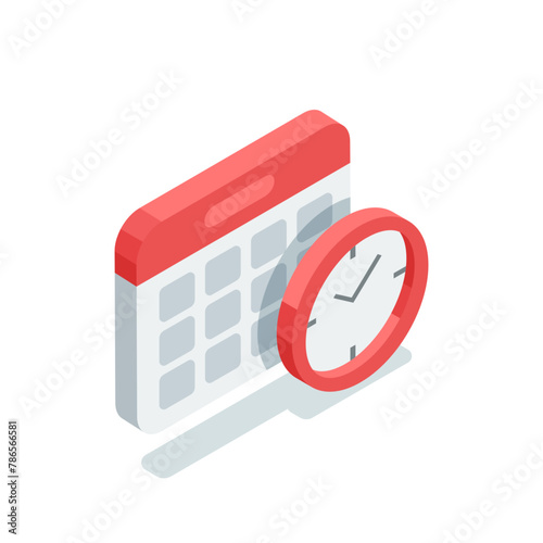 isometric vector calendar and clock, in color on a white background, management and business timing or deadline