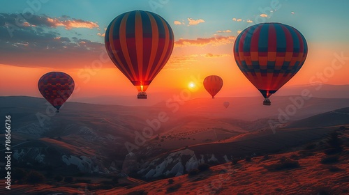 Hot air balloons drifting across a sunset sky. AI generate illustration