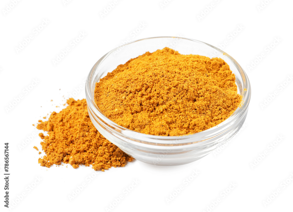 Curry powder in bowl isolated on white