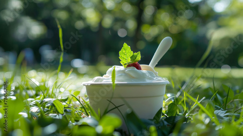 Fototapeta Naklejka Na Ścianę i Meble -  Yogurt with Mint and Raspberry in Natural Setting