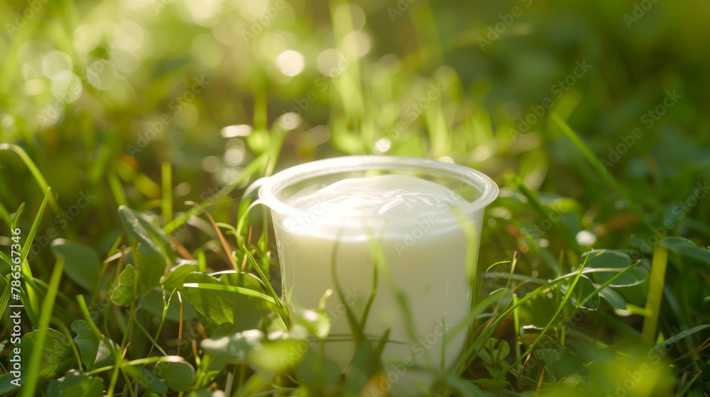 Yogurt Cup on Sunny Green Grass Yogurt Cup on Sunny Green Grass