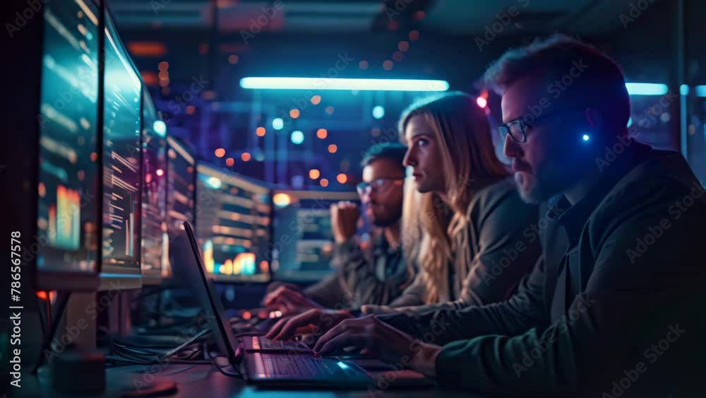 Group of People Sitting in Front of Computer Screen at Office, Cybersecurity professionals thwarting a malware attack Group of People Sitting in Front of Computer Screen at Office, Cybersecurity professionals thwarting a malware attack