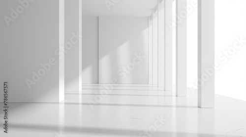 A 3D-rendered white illuminated by soft white light, presenting abstract architectural elements in a minimalist and monochromatic style