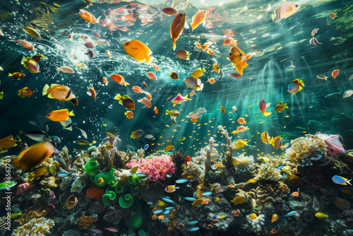 Marine Life Amidst Plastic Pollution Underwater Scene © spyrakot