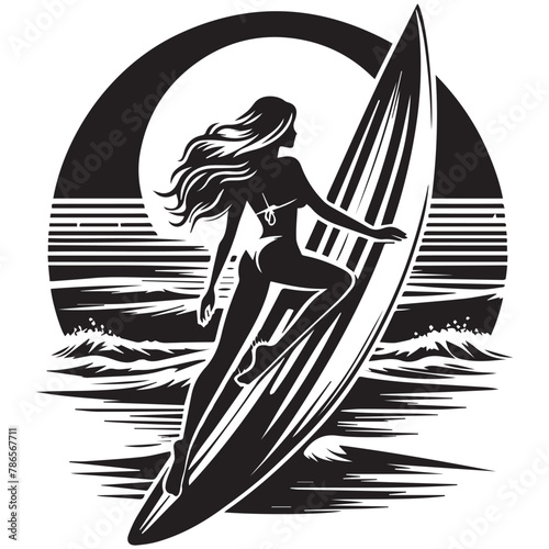 Surf board with bikini girl silhouette vector with solid white background