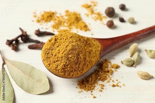 Spoon with dry curry powder and other spices on light wooden table, closeup