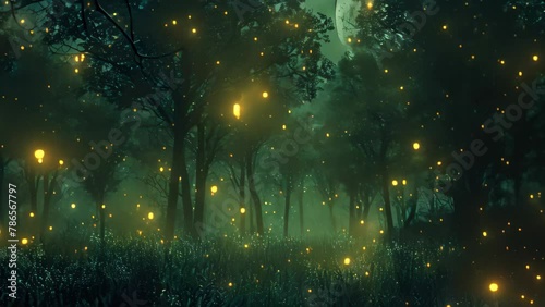 A forest filled with numerous yellow lights, casting a serene glow on the trees and foliage, Dark forest bathed in moonlight, decorated with magical glowing orbs photo