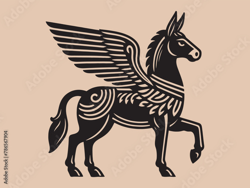 Mythical donkey with wings. Beautiful vintage engraving illustration, emblem, icon, logo. Black lines 
