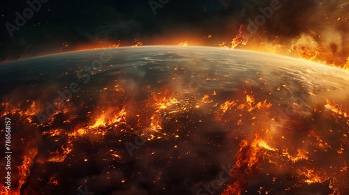 Dramatic image of a planet's surface consumed by fire, depicting a powerful apocalyptic or environmental disaster scenario. photo