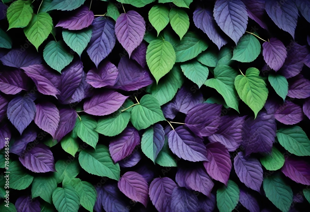 Dark purple leaves densely covering the frame with subtle variations in hue and some leaves having green stems - obrazy, fototapety, plakaty 