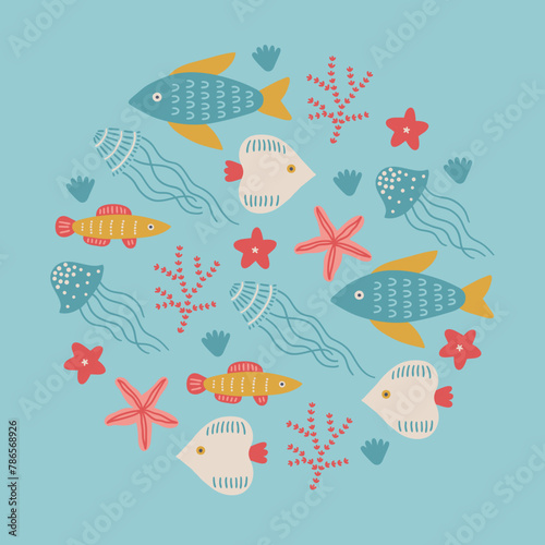 Ocean greeting card with fishes, starfishes, corals, jellyfish, seaweed
