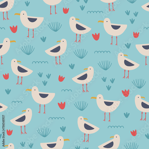 Ocean seamless pattern with seaweeds and seagulls on blue background