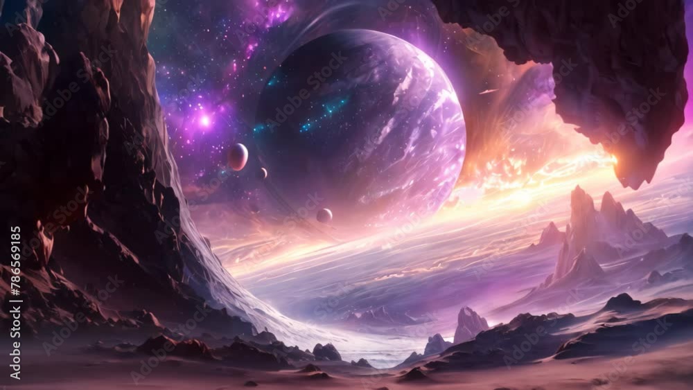 This photo showcases a breathtaking space scene with planets and stars illuminating the night sky, Design a podcast cover art depicting a journey through space for a Sci-fi series