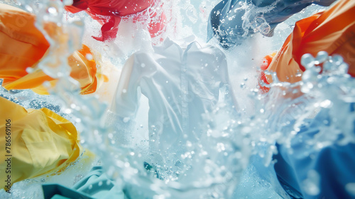 a pristine white shirt effortlessly floating in crystal-clear water, surrounded by a multitude of colorful shirts.