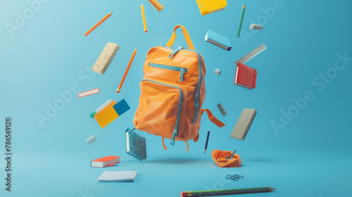 A minimalist scene of a school bag with floating school supplies such as pencils, erasers, rulers, and books against a plain background.