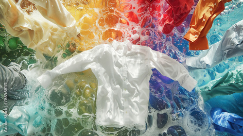 a pristine white shirt effortlessly floating in crystal-clear water, surrounded by a multitude of colorful shirts.