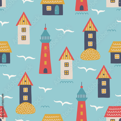 Ocean seamless pattern with houses, lighthouse and seagulls. Vector illustration