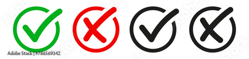 check mark icon button set. check box icon with right and wrong buttons and yes or no checkmark icons in green tick box and red cross. vector illustration	
 photo